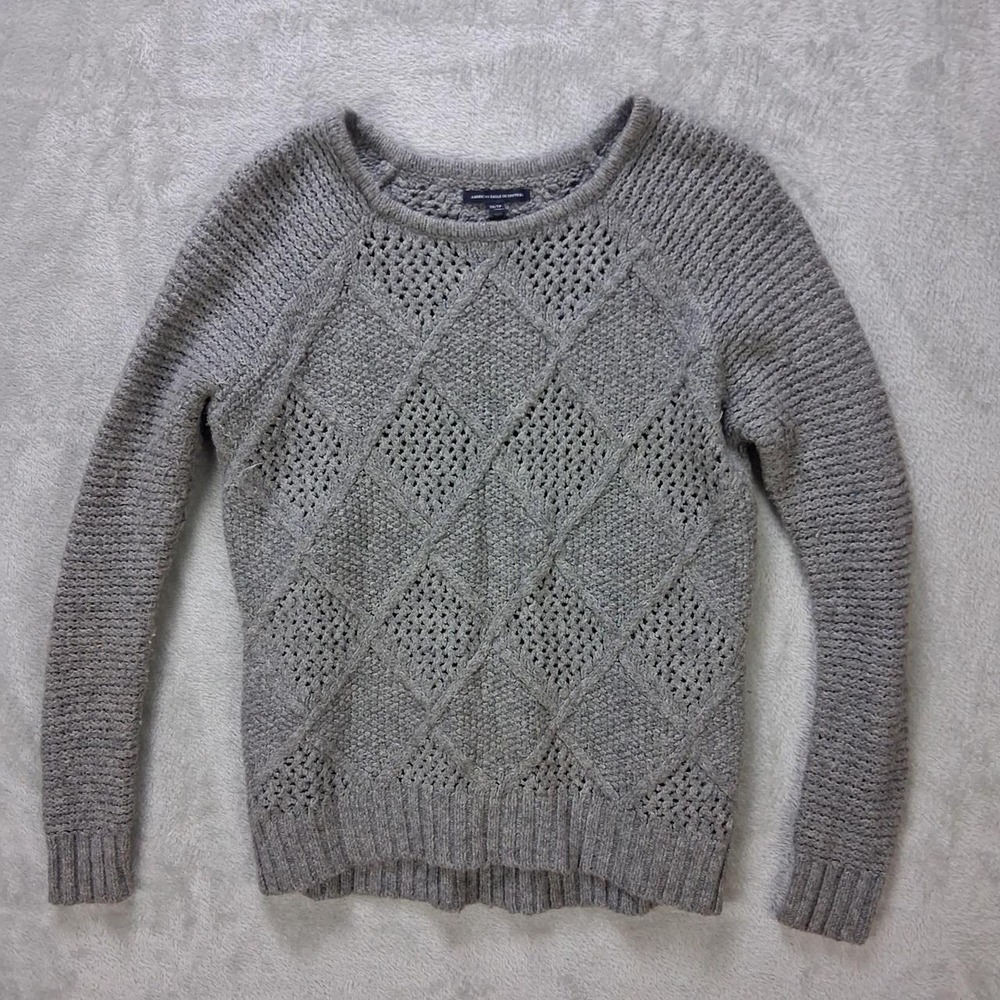 American Eagle Gray Textured Diamond Knit Sweater Crew Neck Womens XS